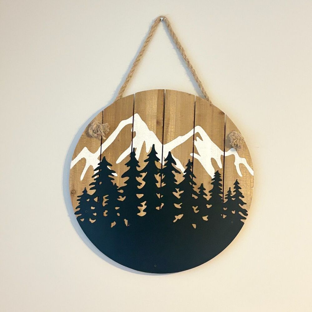 Rustic Wooden Wall Decor 16" Brown Black Round Hanging Art Farmhouse Woodland